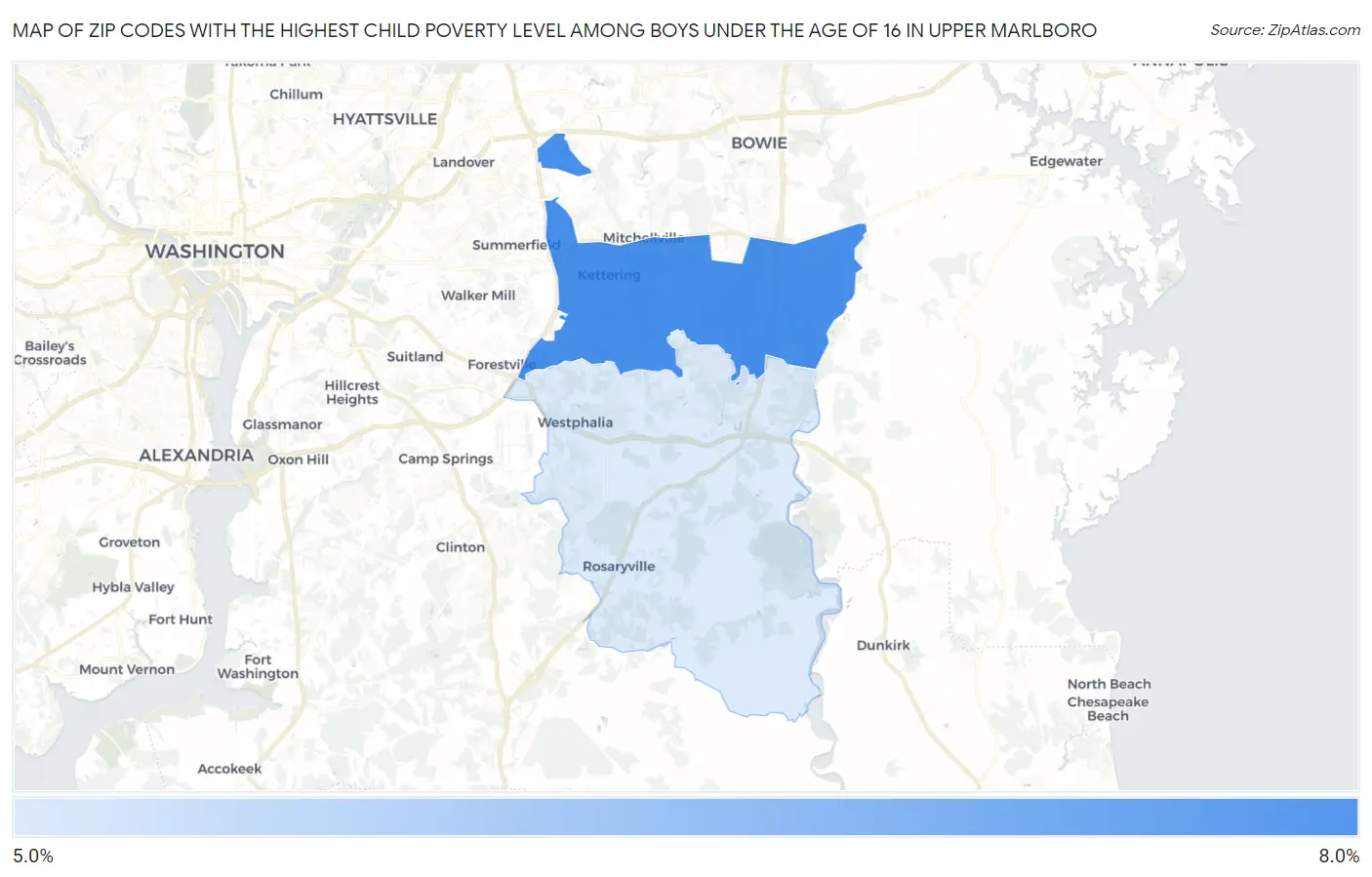 Zip Codes with the Highest Child Poverty Level Among Boys Under the Age of 16 in Upper Marlboro Map