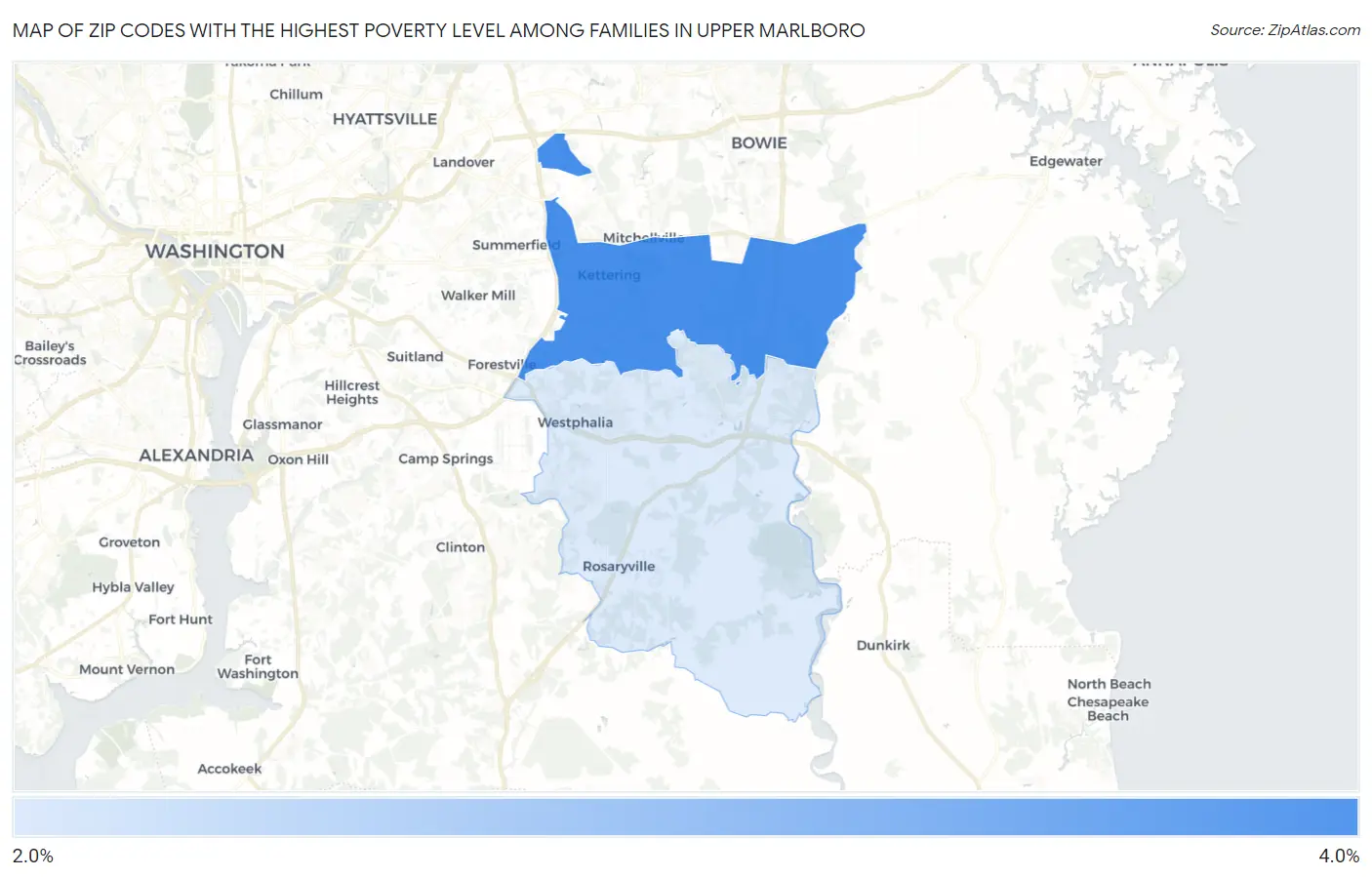Zip Codes with the Highest Poverty Level Among Families in Upper Marlboro Map