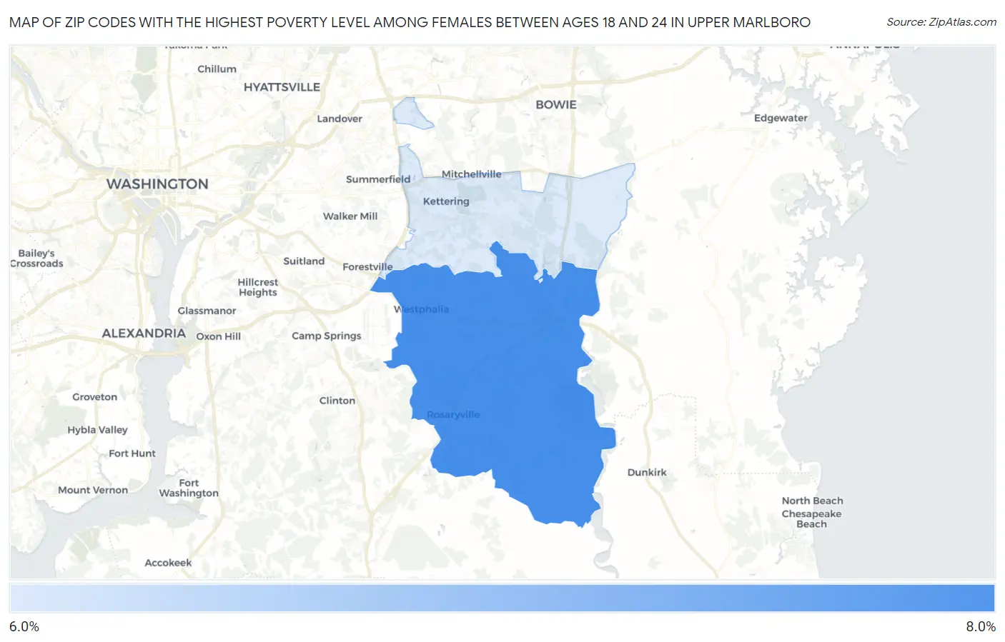 Zip Codes with the Highest Poverty Level Among Females Between Ages 18 and 24 in Upper Marlboro Map