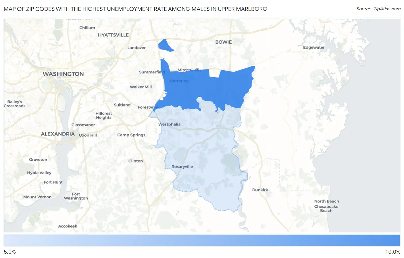 Zip Codes with the Highest Unemployment Rate Among Males in Upper Marlboro Map