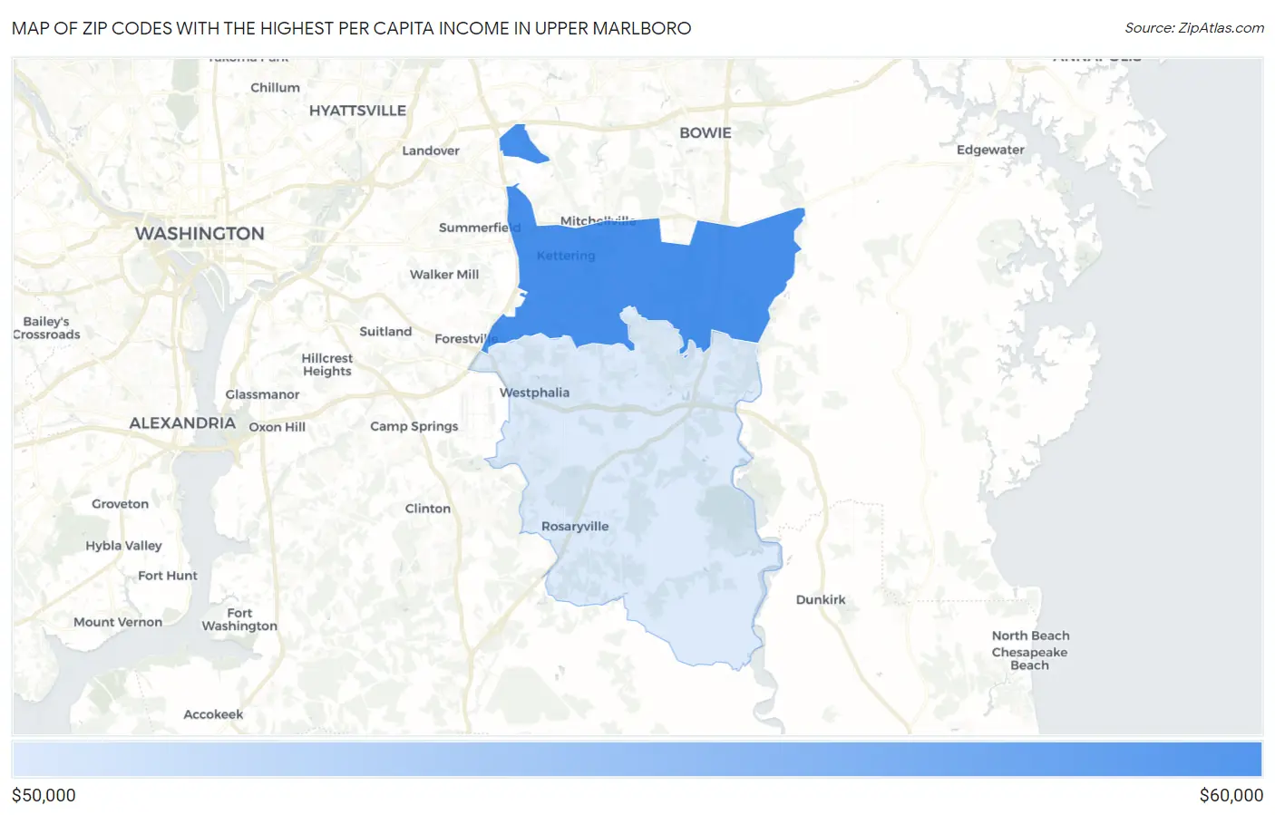 Zip Codes with the Highest Per Capita Income in Upper Marlboro Map