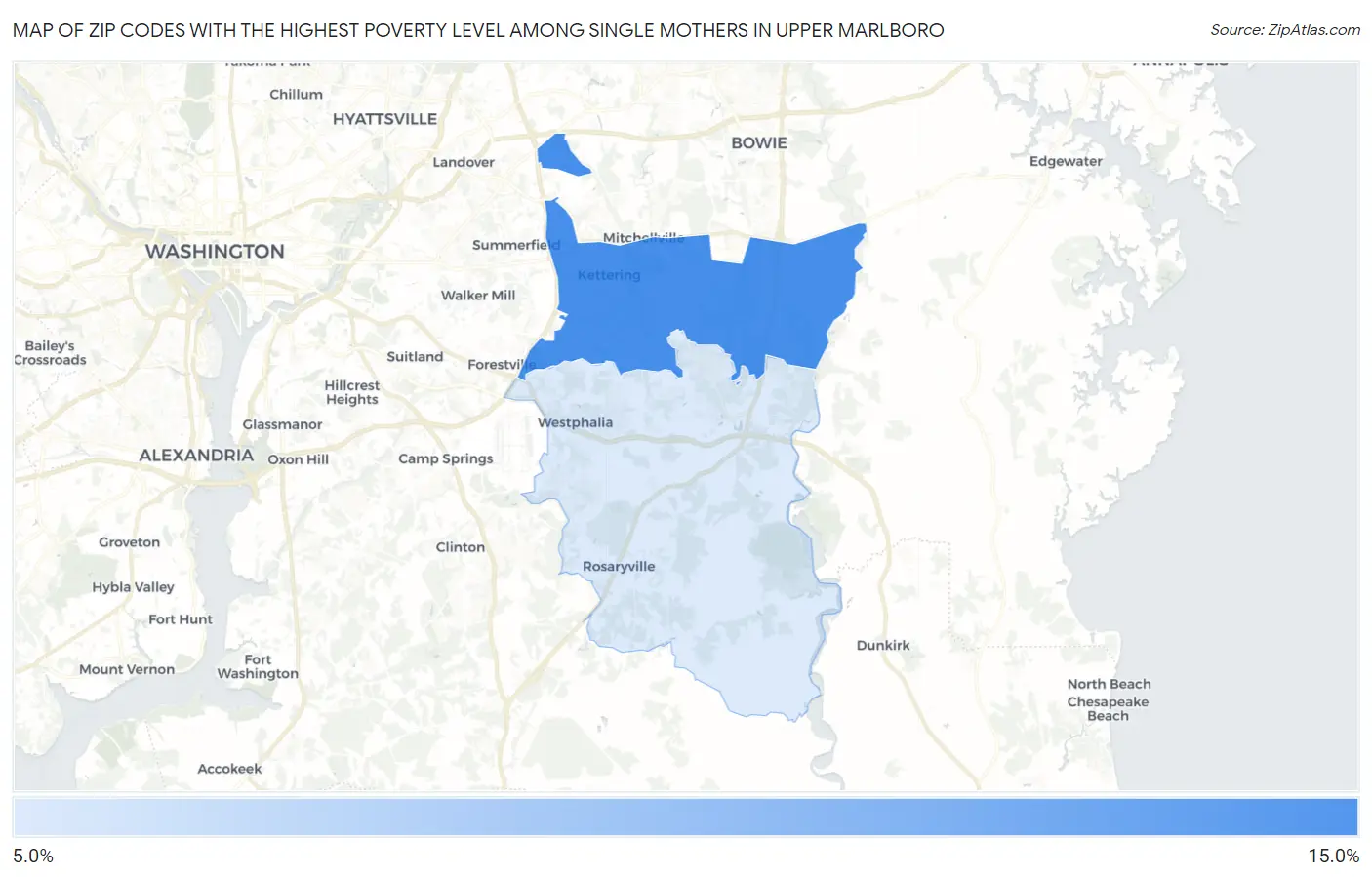 Zip Codes with the Highest Poverty Level Among Single Mothers in Upper Marlboro Map