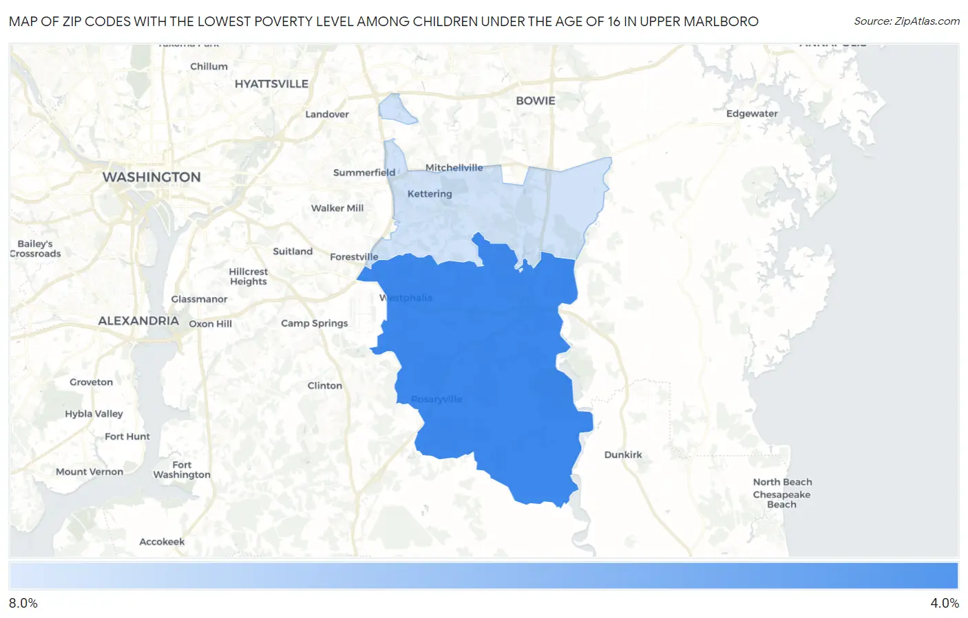 Zip Codes with the Lowest Poverty Level Among Children Under the Age of 16 in Upper Marlboro Map