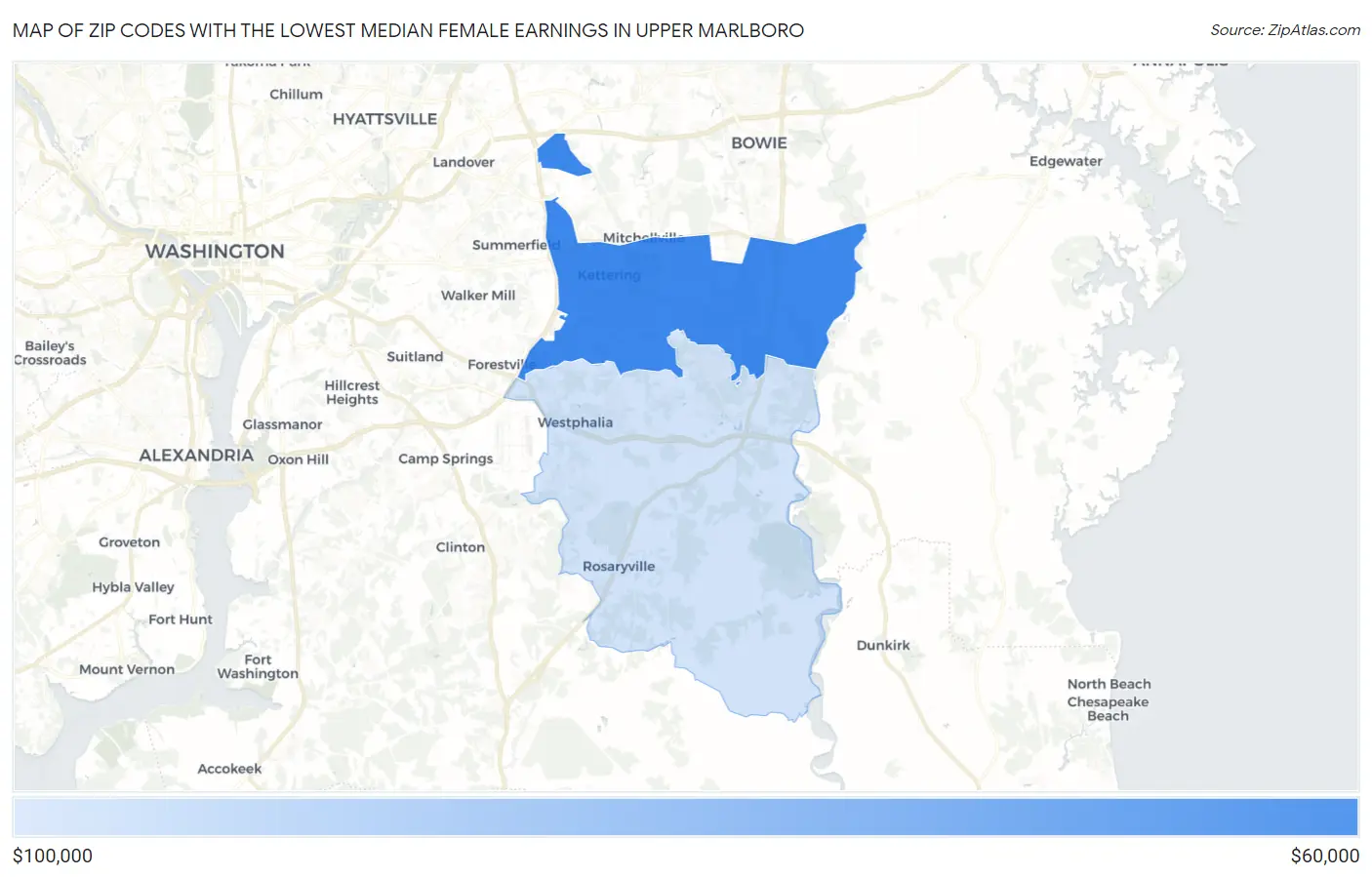 Zip Codes with the Lowest Median Female Earnings in Upper Marlboro Map