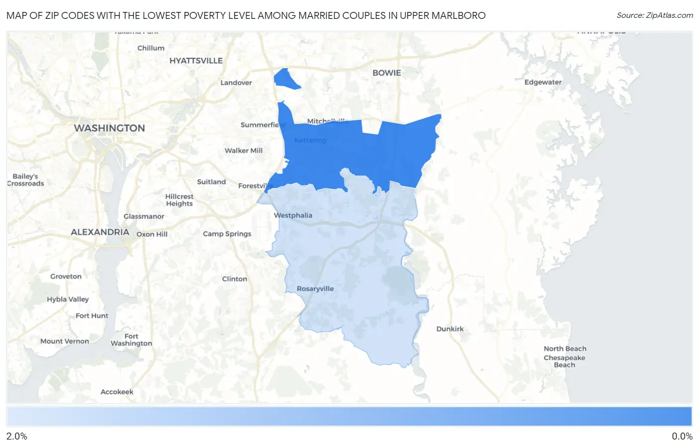 Zip Codes with the Lowest Poverty Level Among Married Couples in Upper Marlboro Map