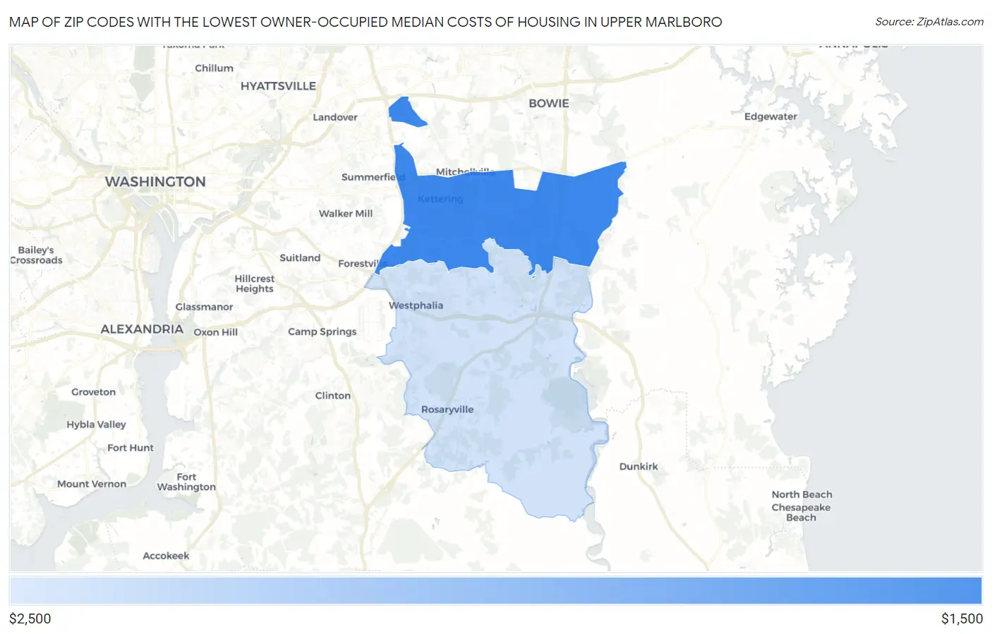 Zip Codes with the Lowest Owner-Occupied Median Costs of Housing in Upper Marlboro Map
