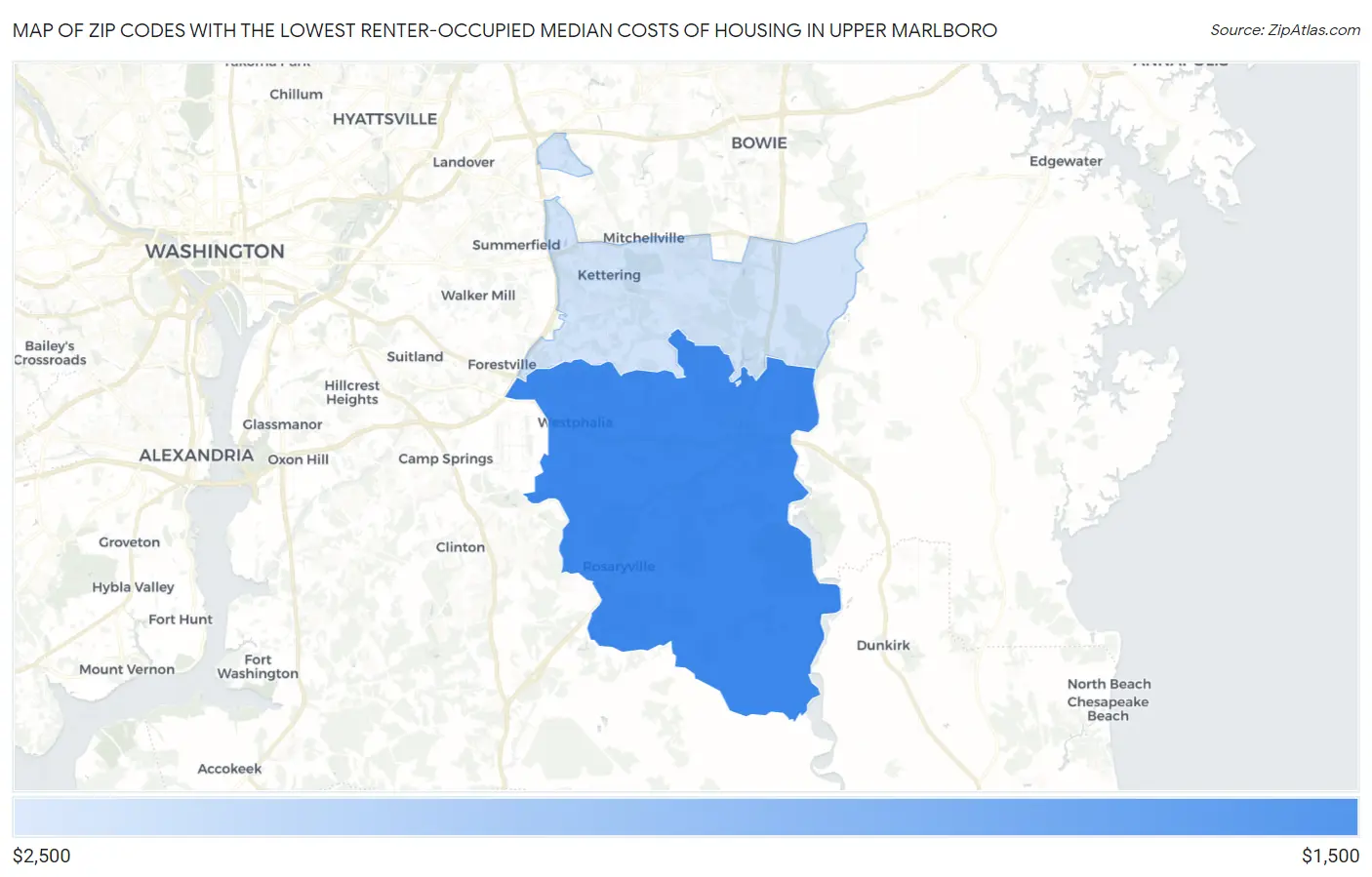 Zip Codes with the Lowest Renter-Occupied Median Costs of Housing in Upper Marlboro Map