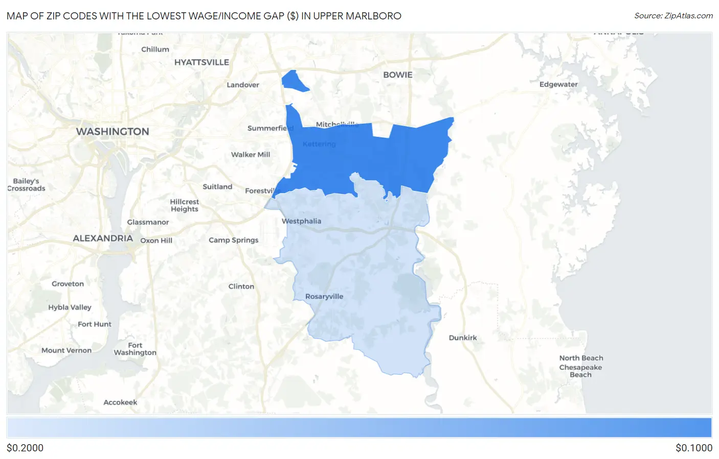 Zip Codes with the Lowest Wage/Income Gap ($) in Upper Marlboro Map