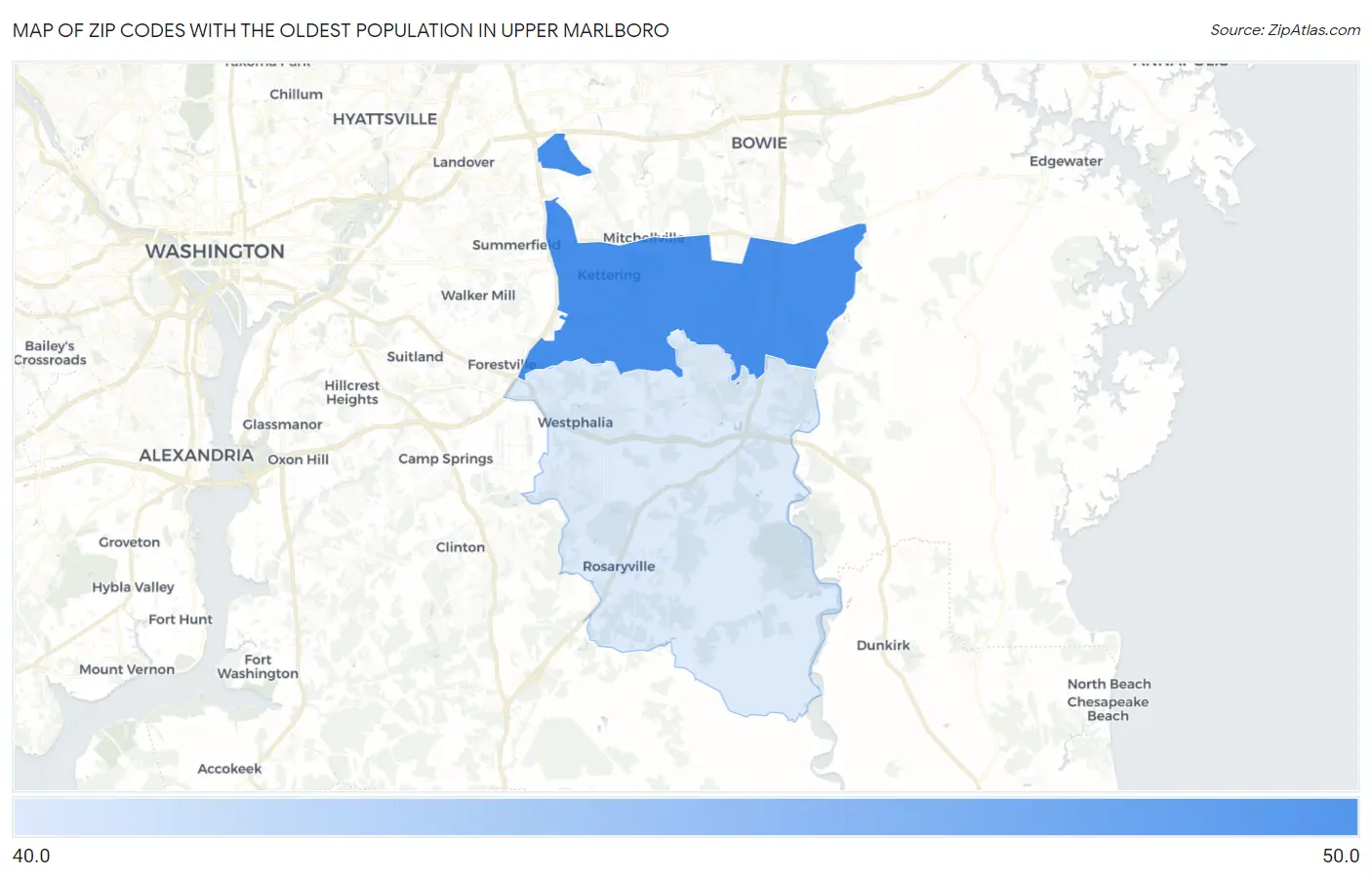 Zip Codes with the Oldest Population in Upper Marlboro Map