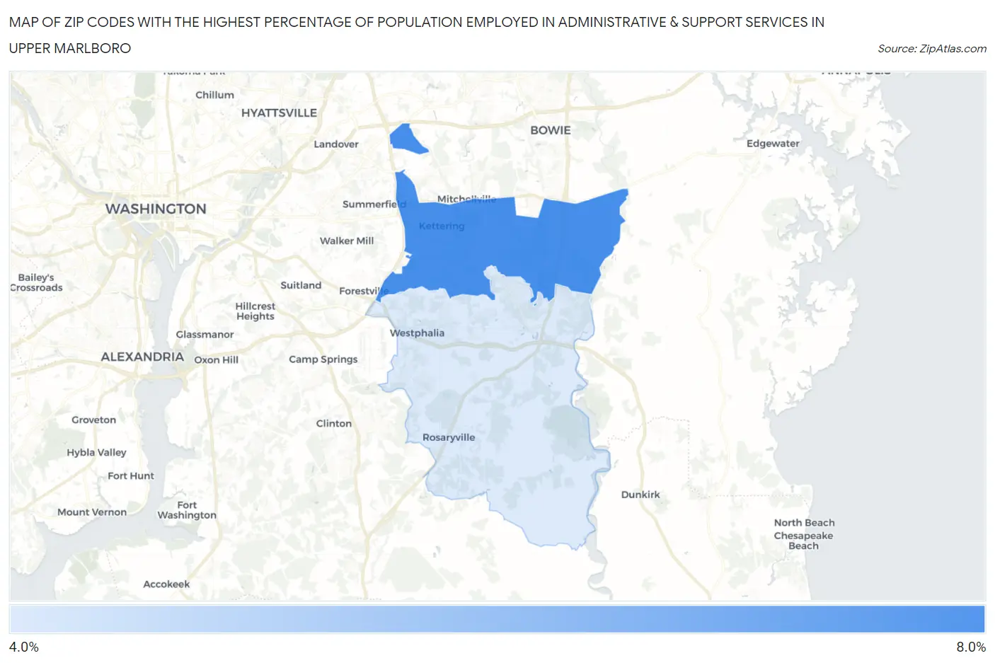 Zip Codes with the Highest Percentage of Population Employed in Administrative & Support Services in Upper Marlboro Map