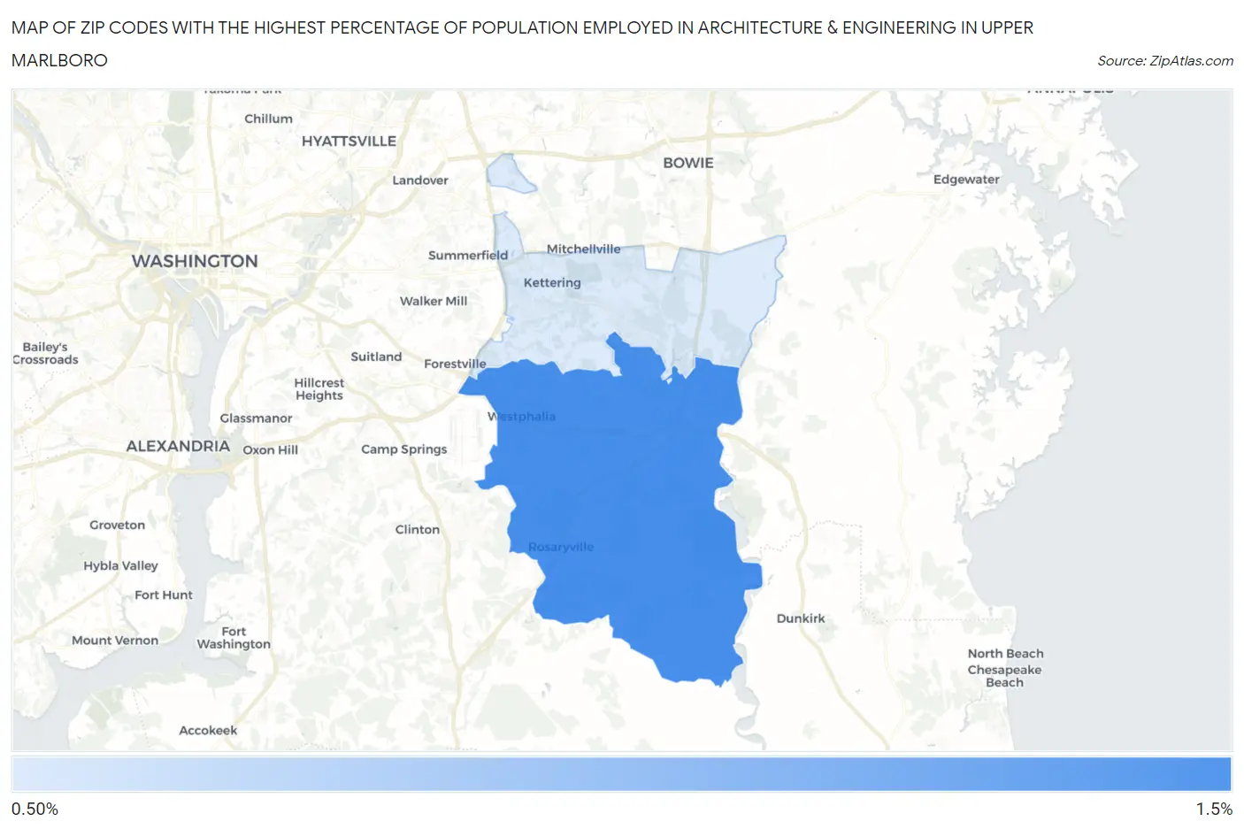 Zip Codes with the Highest Percentage of Population Employed in Architecture & Engineering in Upper Marlboro Map