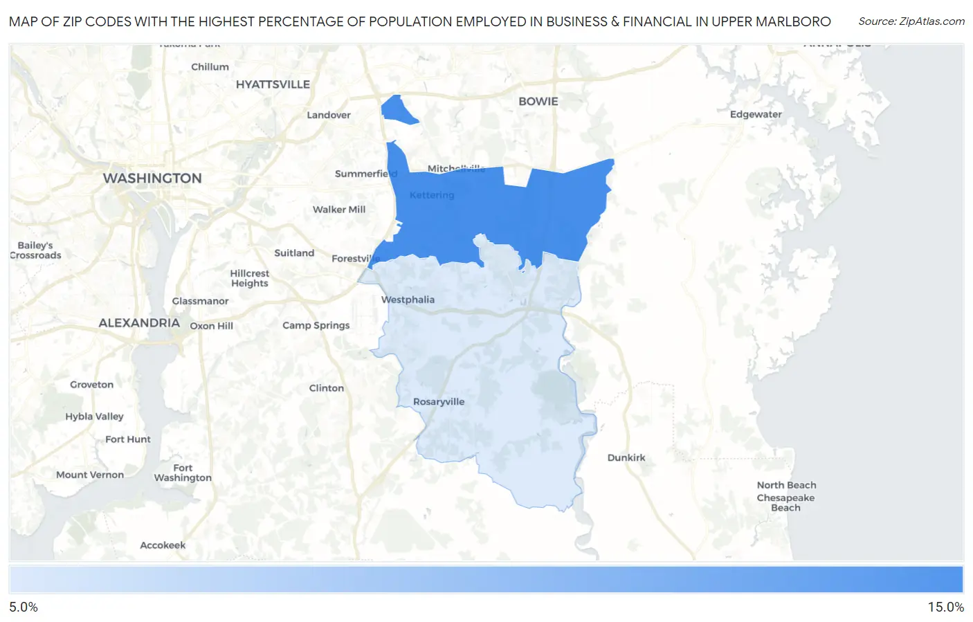 Zip Codes with the Highest Percentage of Population Employed in Business & Financial in Upper Marlboro Map