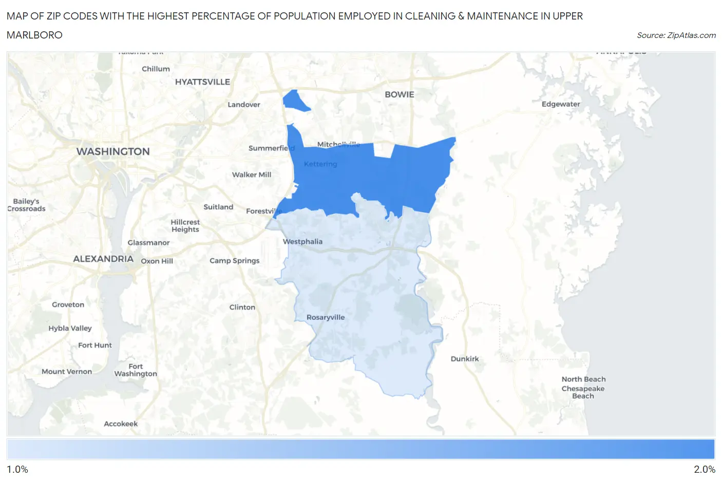 Zip Codes with the Highest Percentage of Population Employed in Cleaning & Maintenance in Upper Marlboro Map