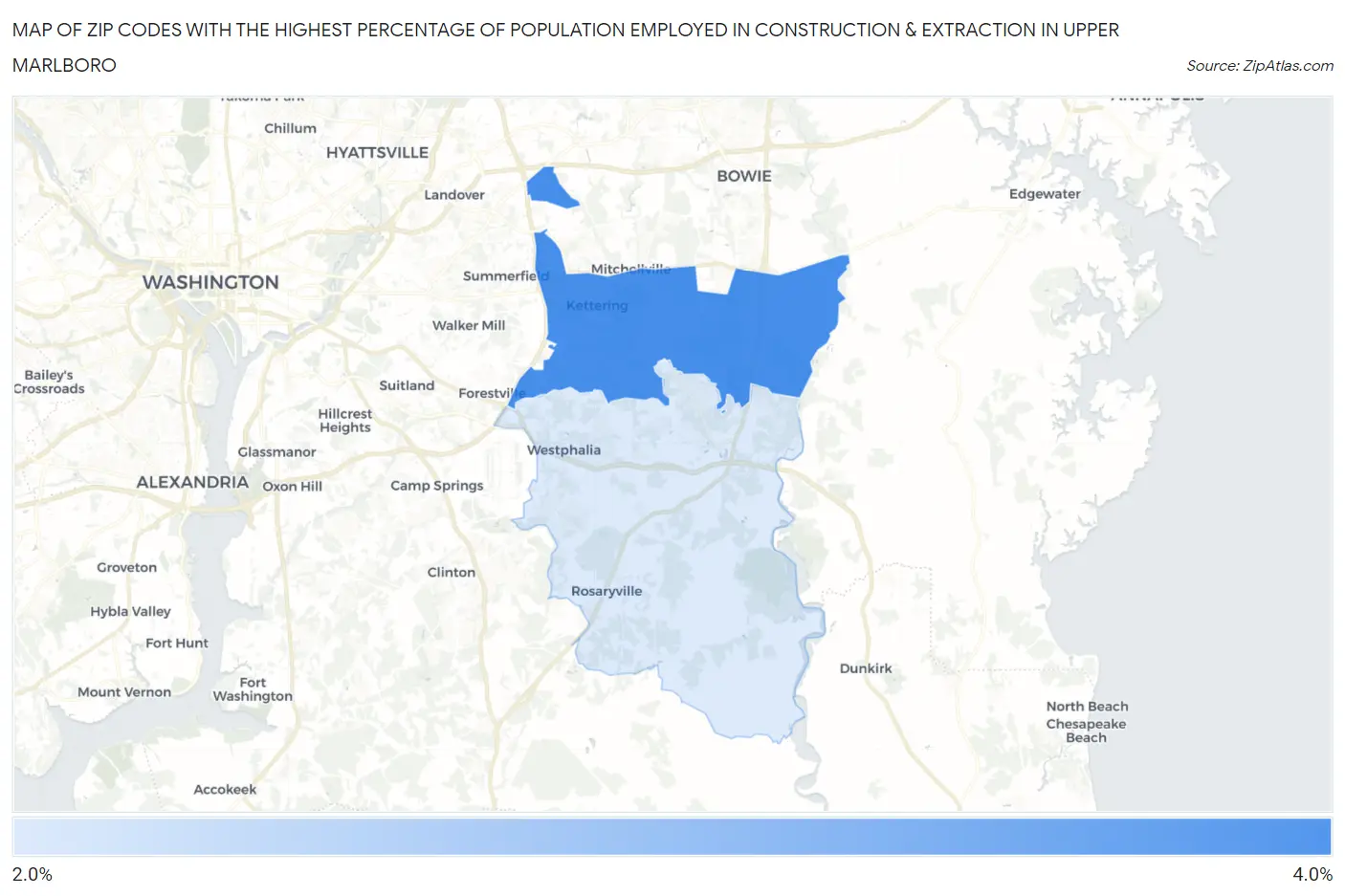 Zip Codes with the Highest Percentage of Population Employed in Construction & Extraction in Upper Marlboro Map