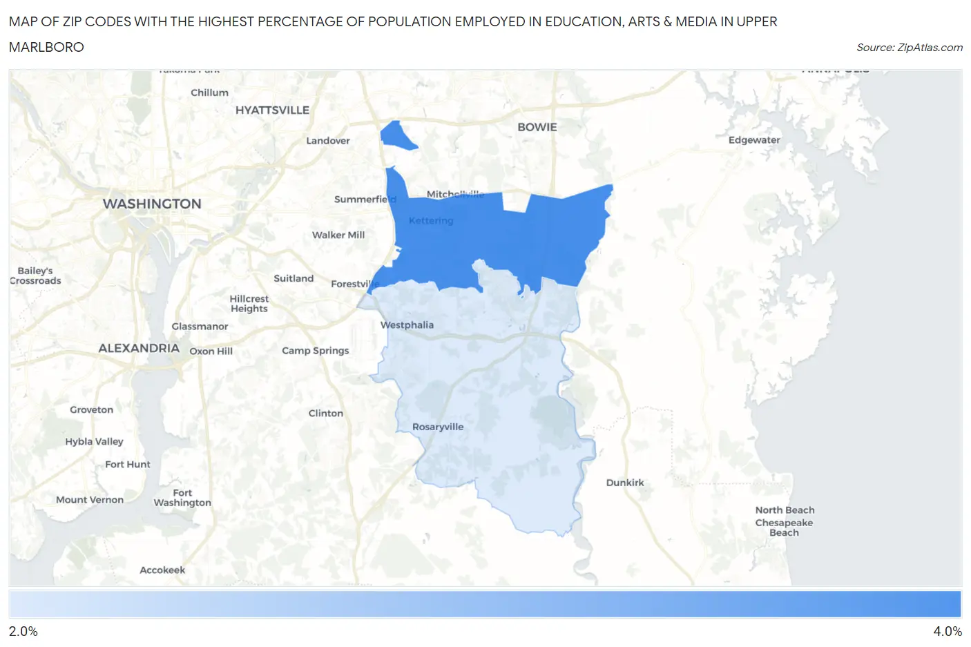 Zip Codes with the Highest Percentage of Population Employed in Education, Arts & Media in Upper Marlboro Map