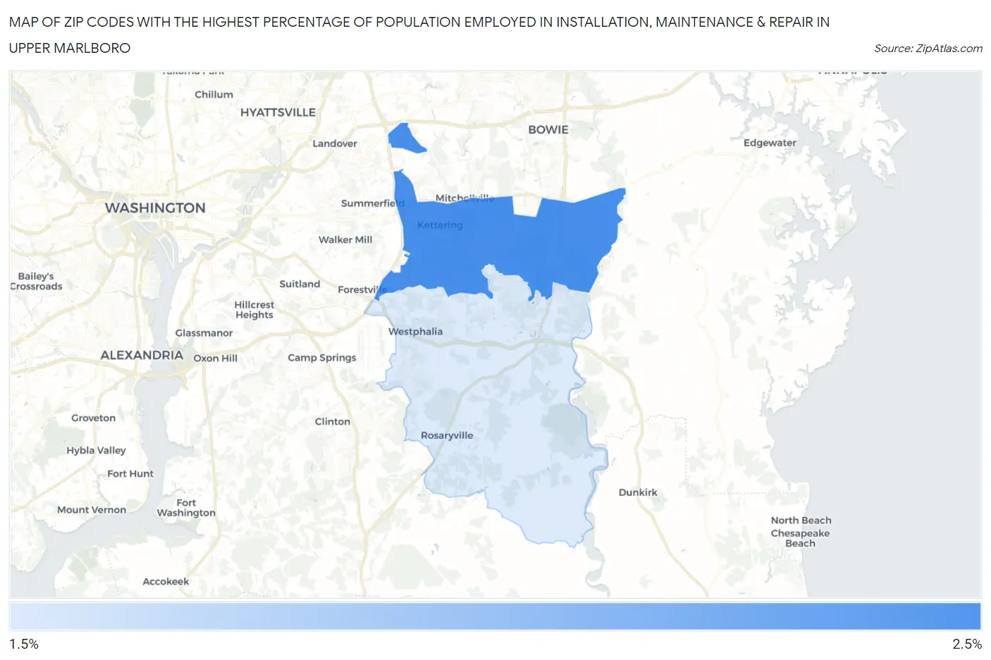 Zip Codes with the Highest Percentage of Population Employed in Installation, Maintenance & Repair in Upper Marlboro Map