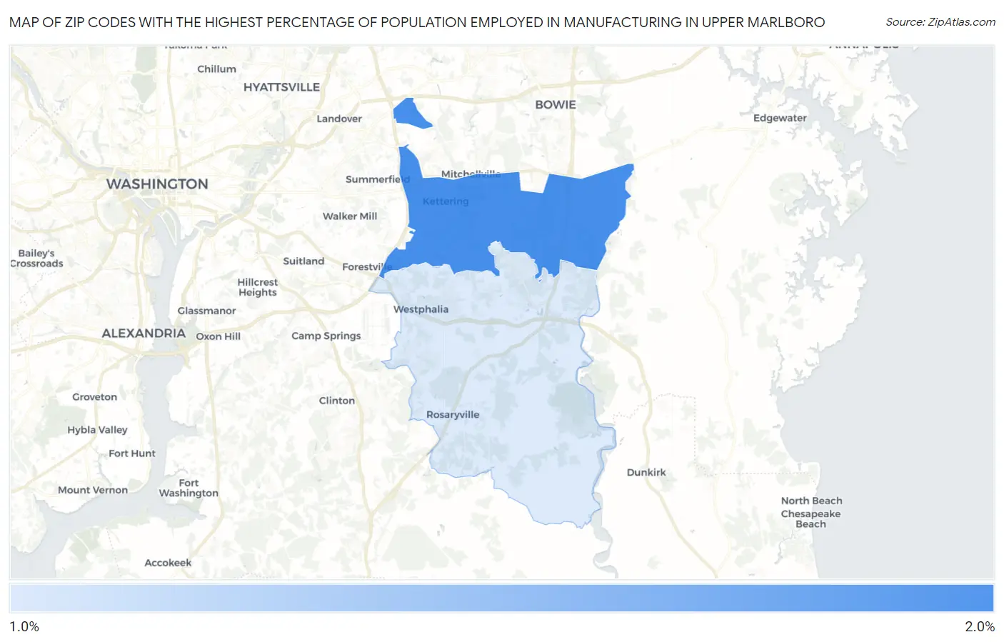 Zip Codes with the Highest Percentage of Population Employed in Manufacturing in Upper Marlboro Map