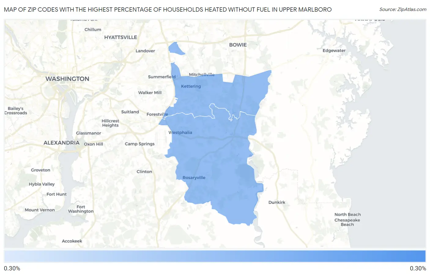 Zip Codes with the Highest Percentage of Households Heated without Fuel in Upper Marlboro Map