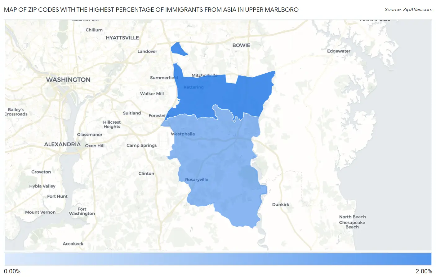 Zip Codes with the Highest Percentage of Immigrants from Asia in Upper Marlboro Map