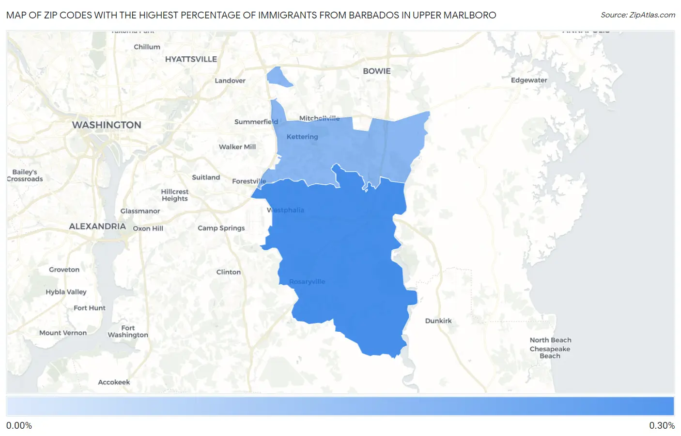 Zip Codes with the Highest Percentage of Immigrants from Barbados in Upper Marlboro Map
