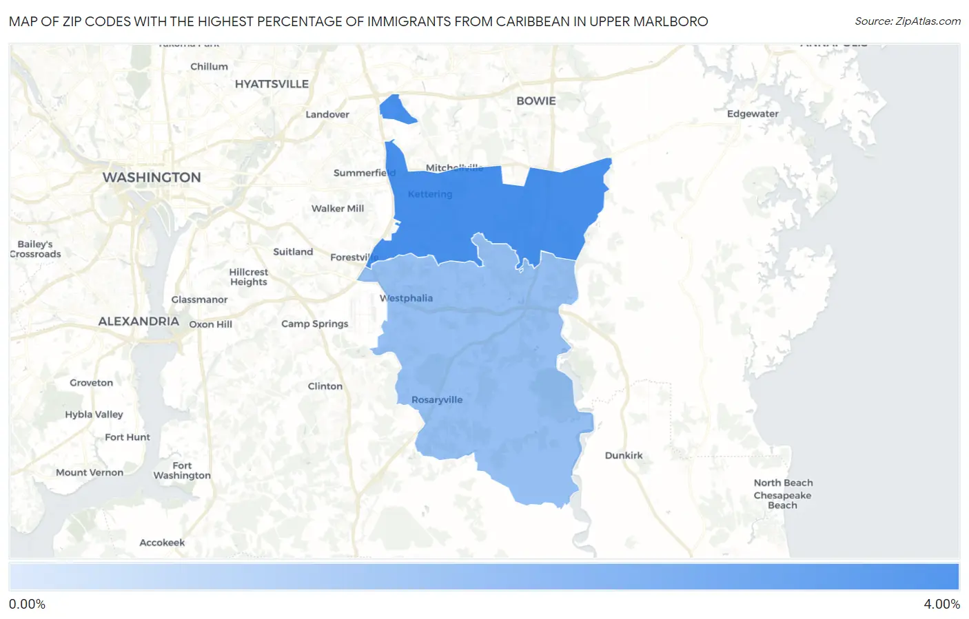 Zip Codes with the Highest Percentage of Immigrants from Caribbean in Upper Marlboro Map