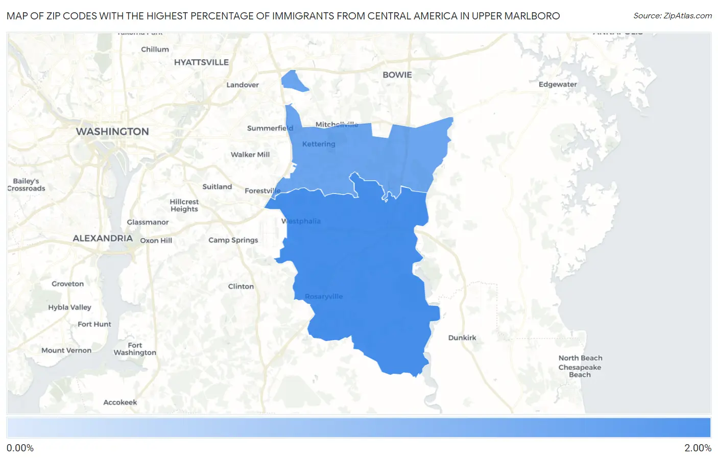 Zip Codes with the Highest Percentage of Immigrants from Central America in Upper Marlboro Map