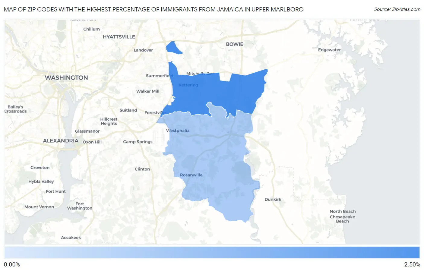 Zip Codes with the Highest Percentage of Immigrants from Jamaica in Upper Marlboro Map