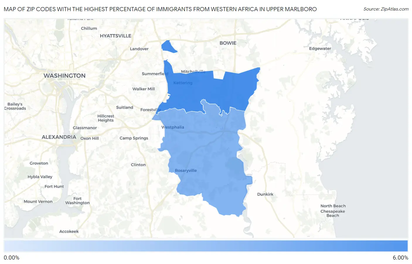 Zip Codes with the Highest Percentage of Immigrants from Western Africa in Upper Marlboro Map