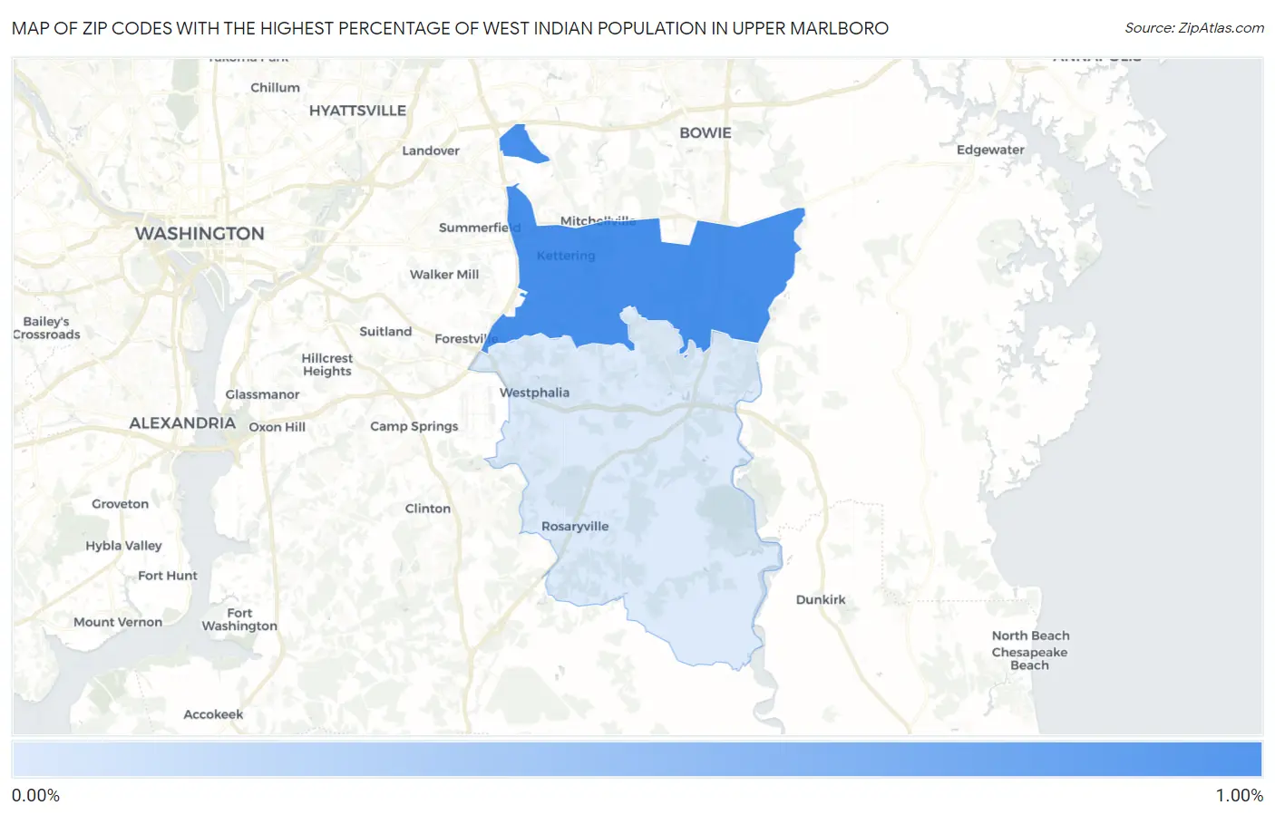 Zip Codes with the Highest Percentage of West Indian Population in Upper Marlboro Map