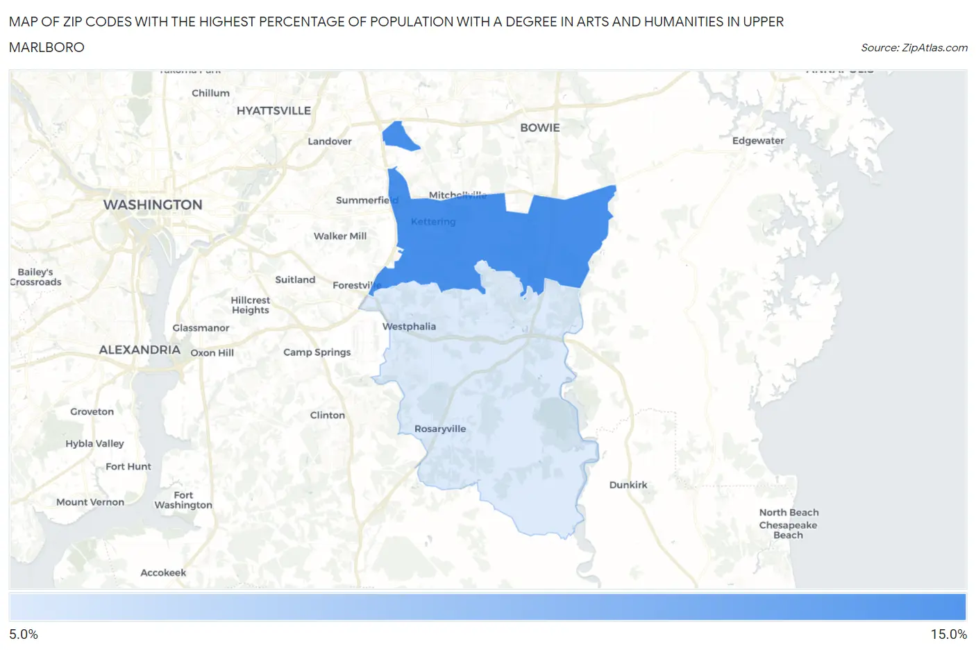 Zip Codes with the Highest Percentage of Population with a Degree in Arts and Humanities in Upper Marlboro Map
