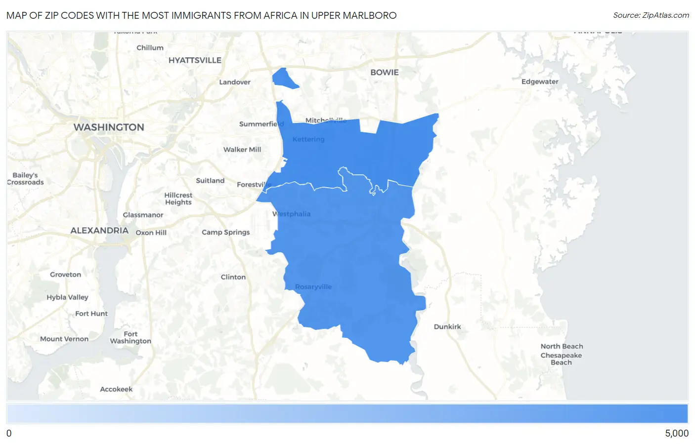 Zip Codes with the Most Immigrants from Africa in Upper Marlboro Map