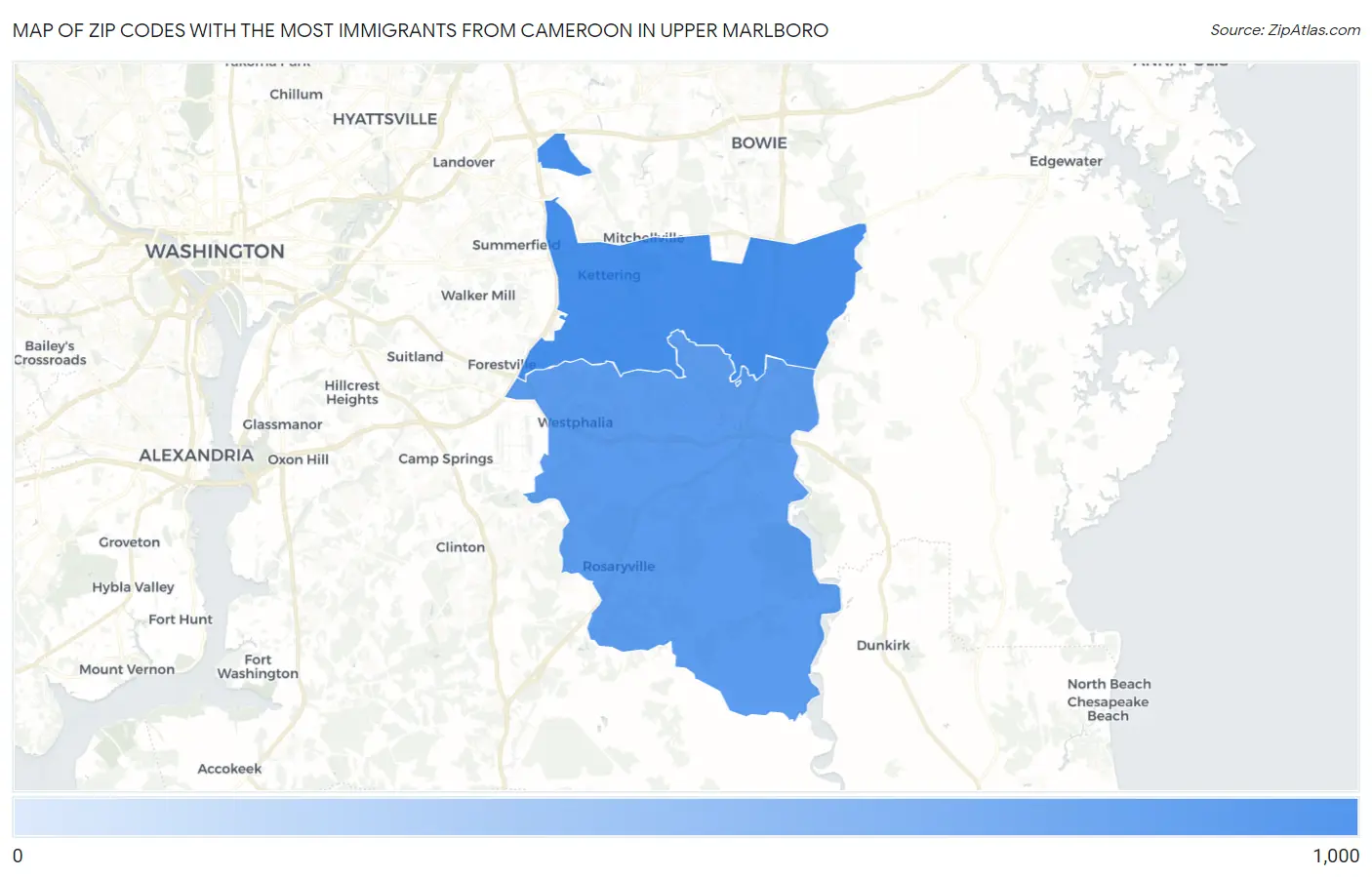 Zip Codes with the Most Immigrants from Cameroon in Upper Marlboro Map