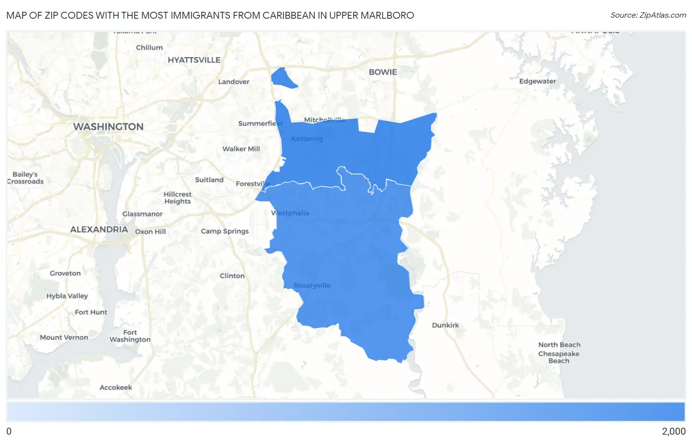 Zip Codes with the Most Immigrants from Caribbean in Upper Marlboro Map