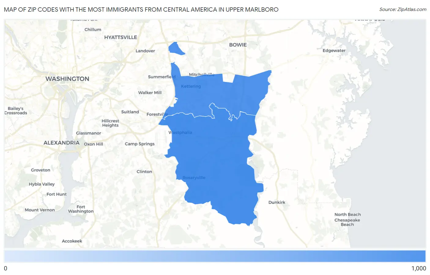 Zip Codes with the Most Immigrants from Central America in Upper Marlboro Map