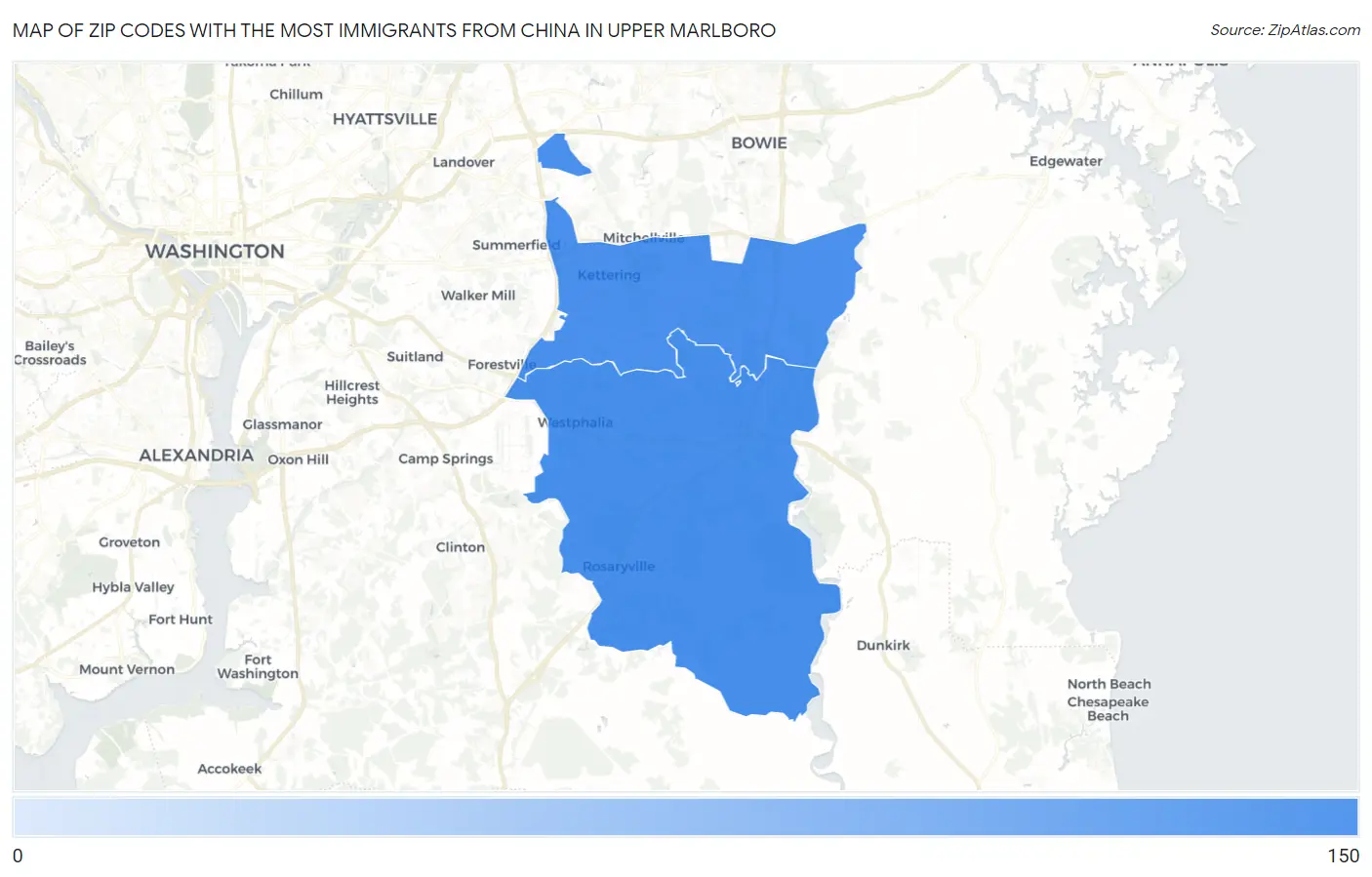 Zip Codes with the Most Immigrants from China in Upper Marlboro Map