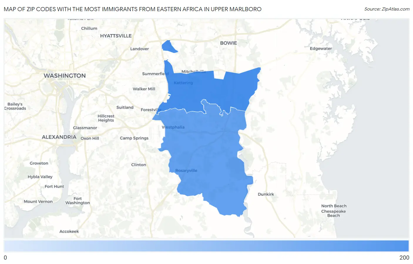 Zip Codes with the Most Immigrants from Eastern Africa in Upper Marlboro Map
