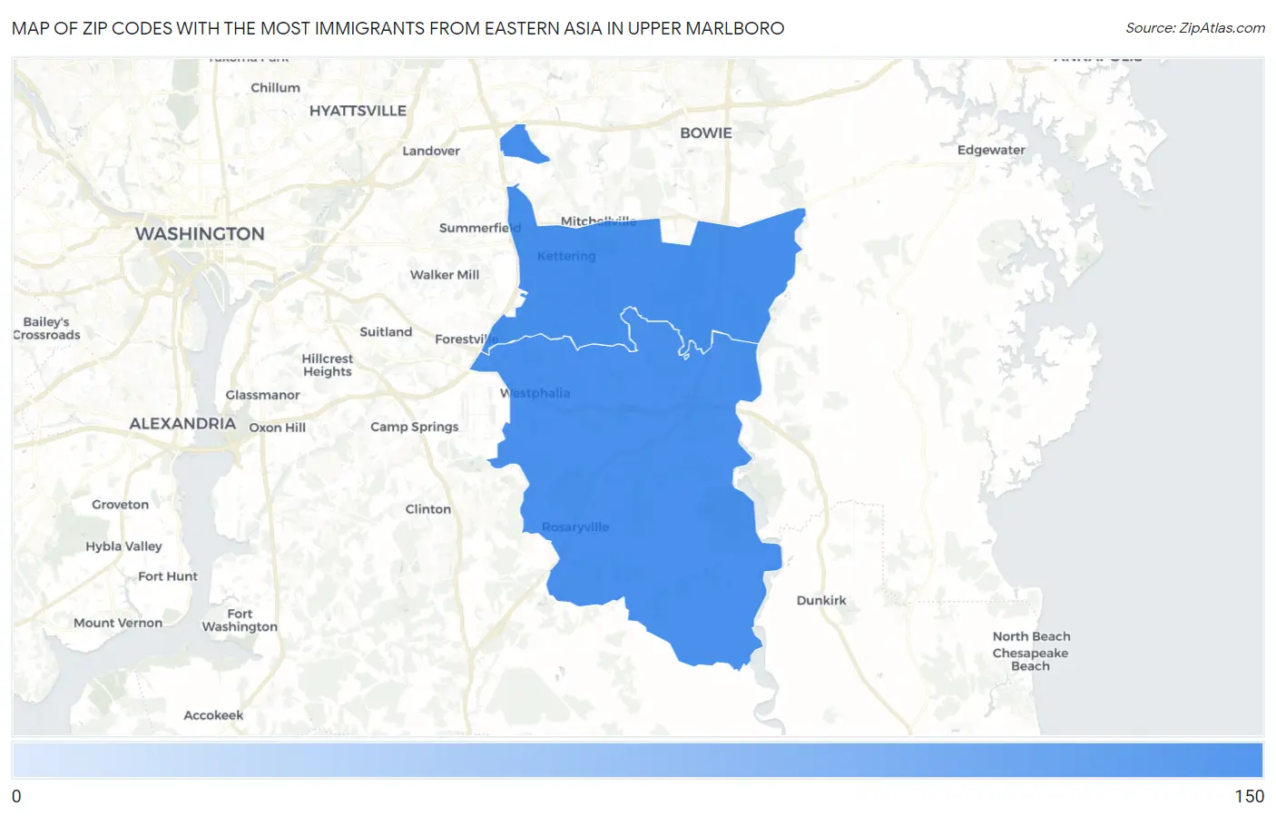 Zip Codes with the Most Immigrants from Eastern Asia in Upper Marlboro Map