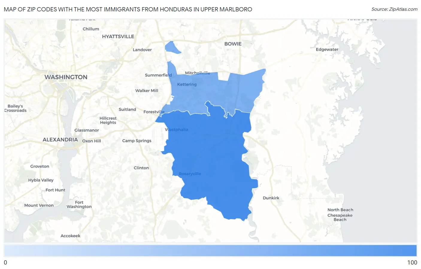 Zip Codes with the Most Immigrants from Honduras in Upper Marlboro Map