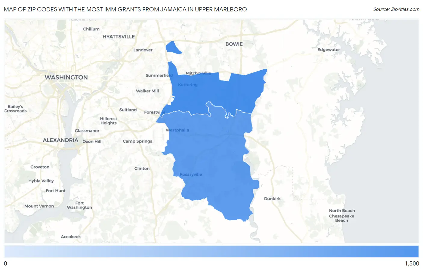Zip Codes with the Most Immigrants from Jamaica in Upper Marlboro Map