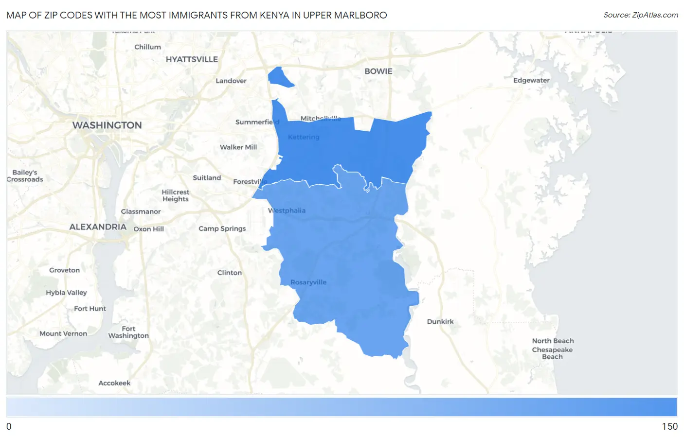 Zip Codes with the Most Immigrants from Kenya in Upper Marlboro Map