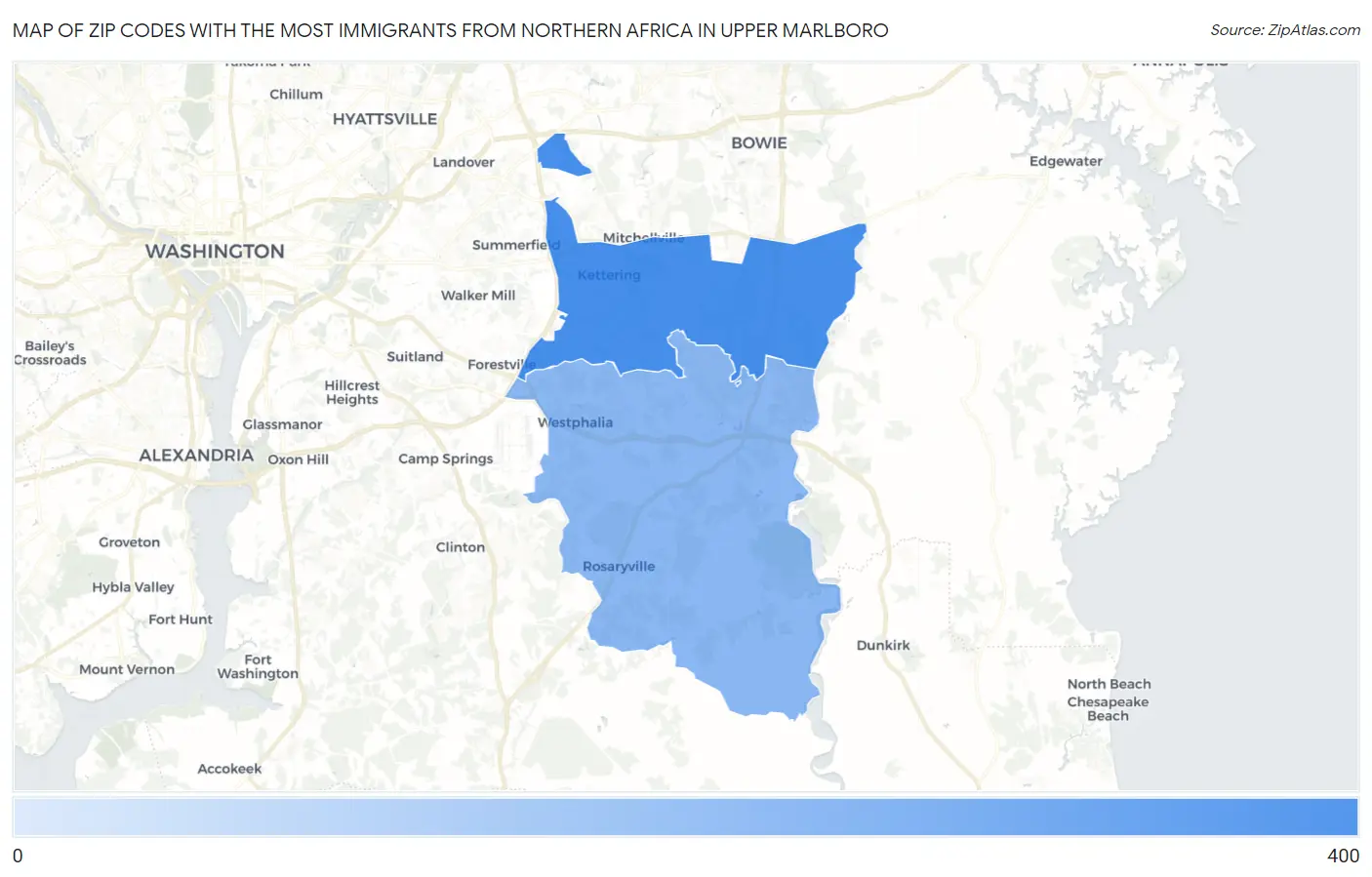 Zip Codes with the Most Immigrants from Northern Africa in Upper Marlboro Map