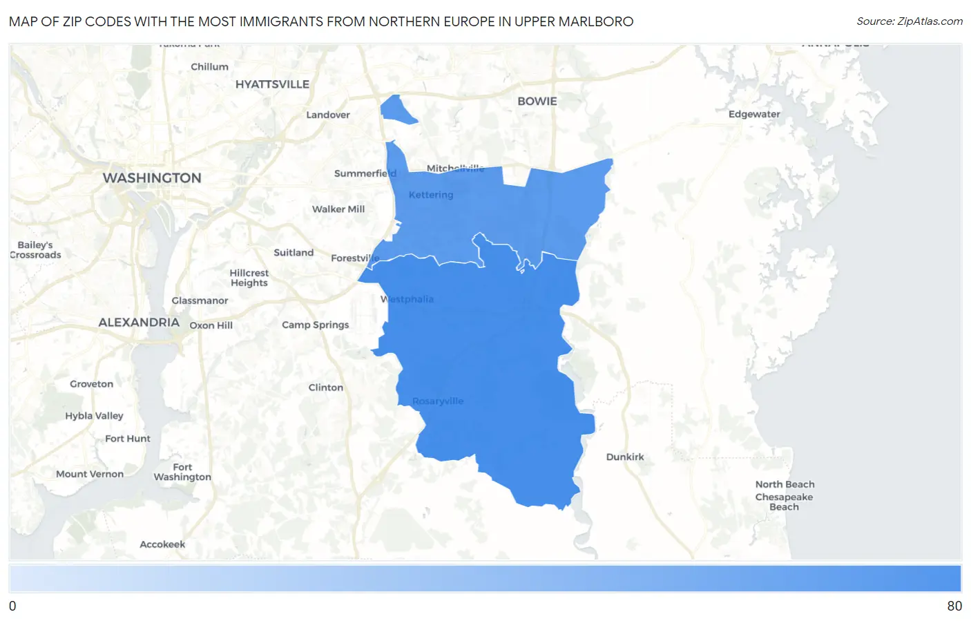Zip Codes with the Most Immigrants from Northern Europe in Upper Marlboro Map