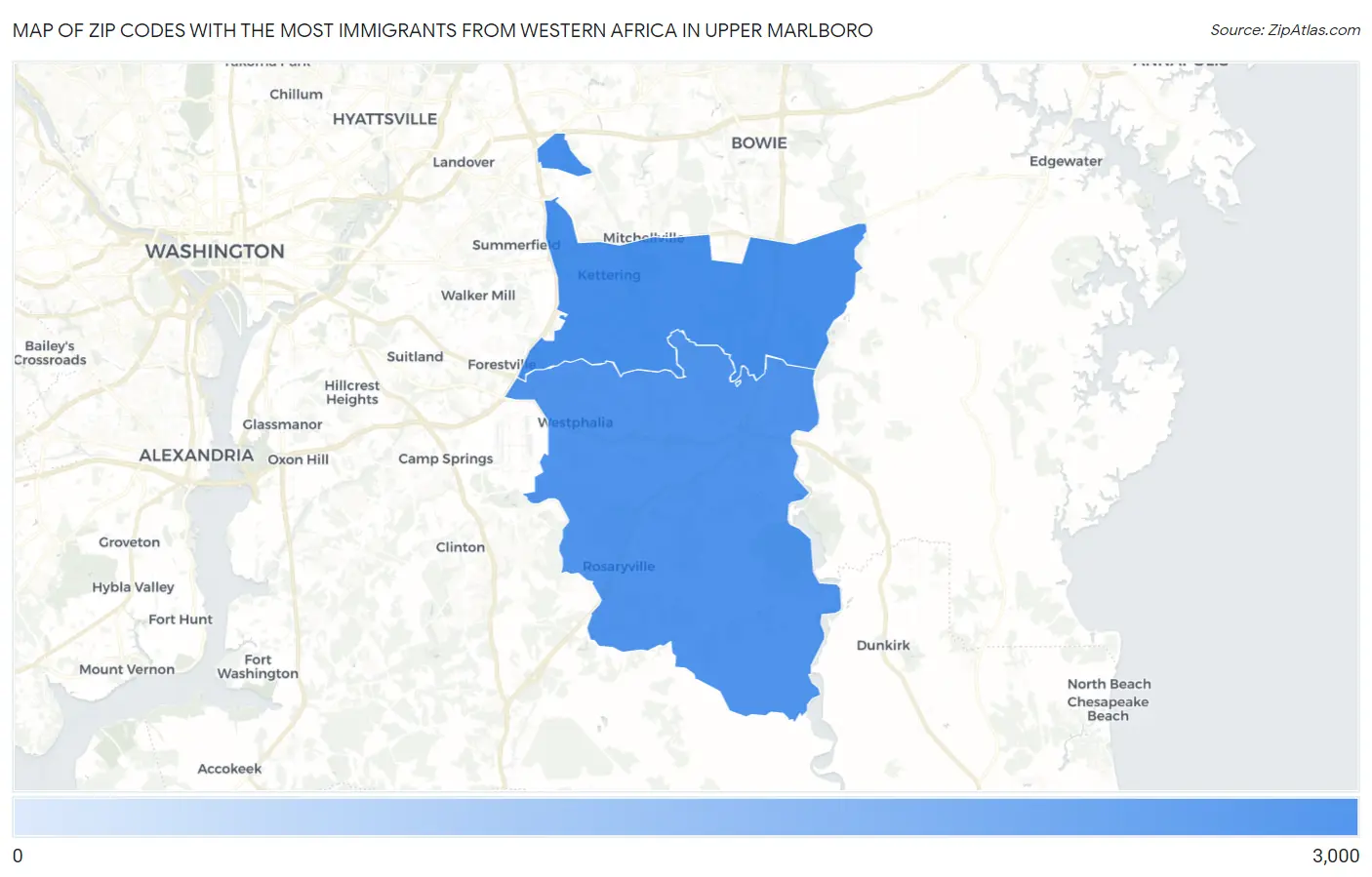 Zip Codes with the Most Immigrants from Western Africa in Upper Marlboro Map
