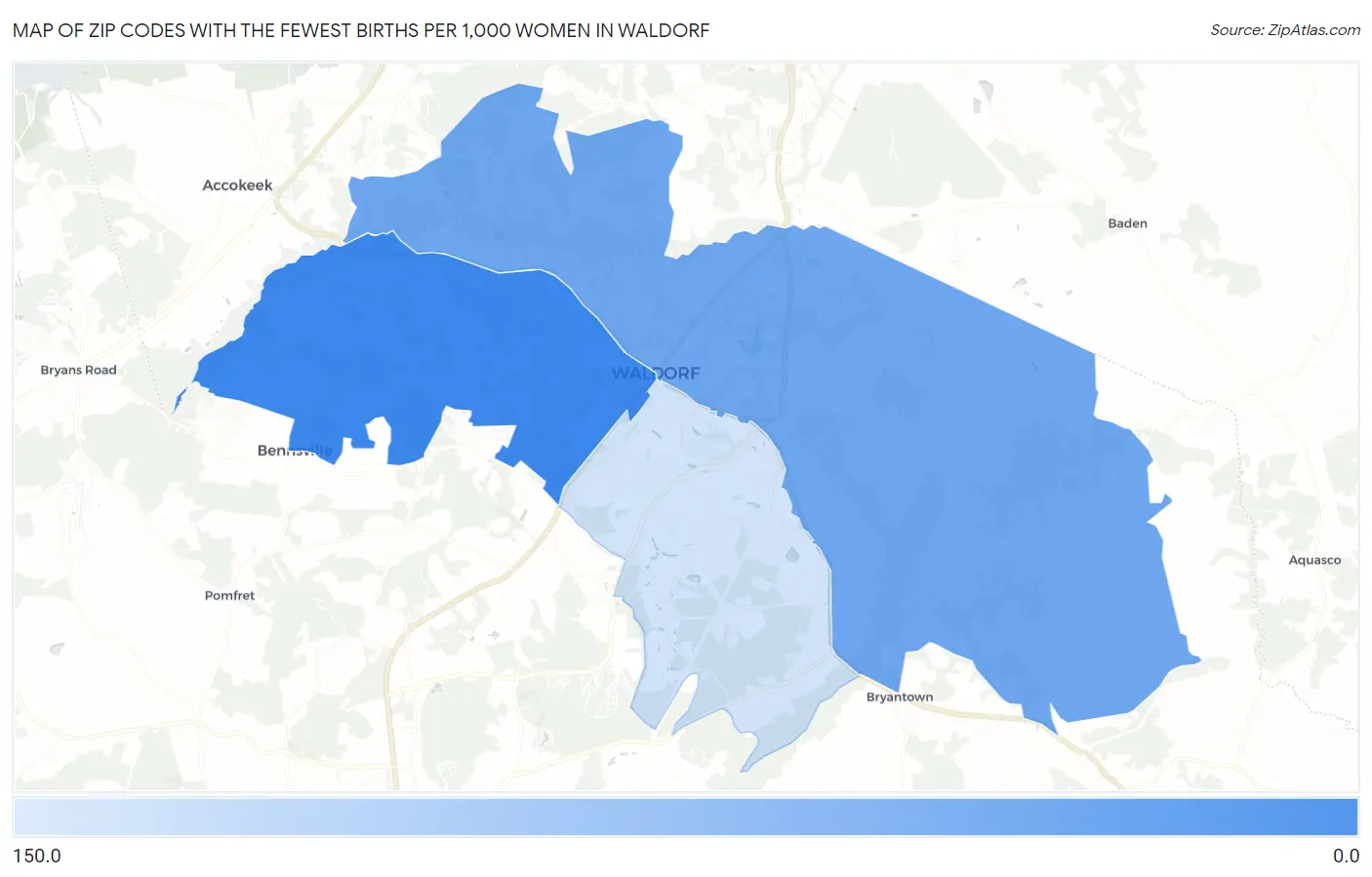 Zip Codes with the Fewest Births per 1,000 Women in Waldorf Map