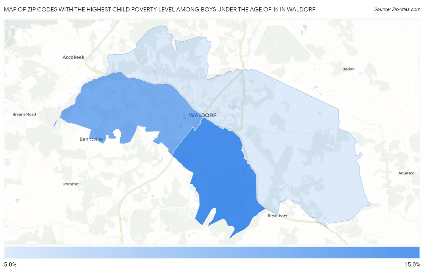 Zip Codes with the Highest Child Poverty Level Among Boys Under the Age of 16 in Waldorf Map