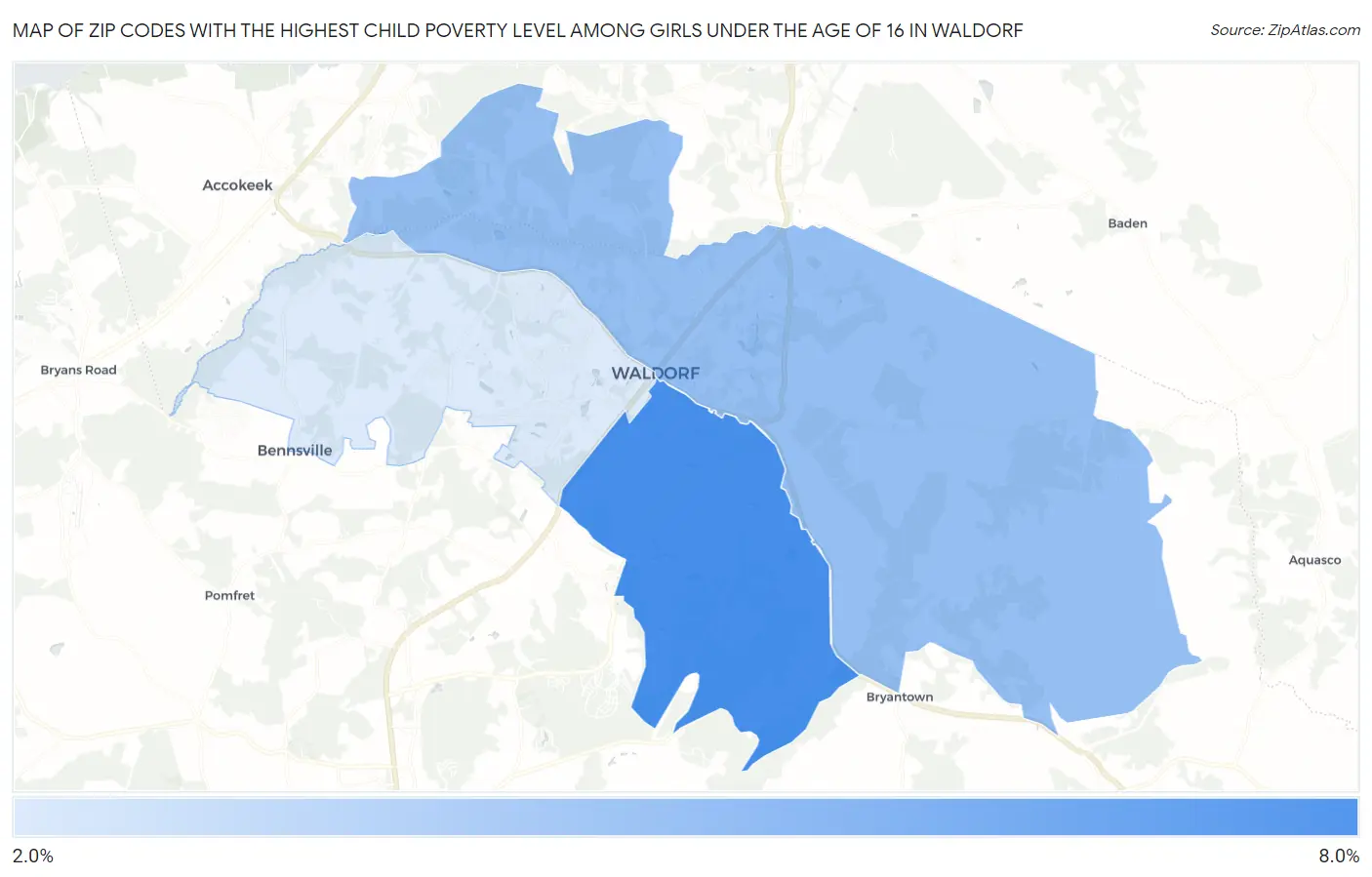 Zip Codes with the Highest Child Poverty Level Among Girls Under the Age of 16 in Waldorf Map