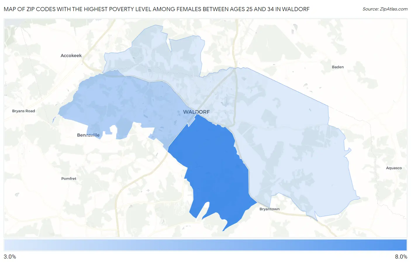 Zip Codes with the Highest Poverty Level Among Females Between Ages 25 and 34 in Waldorf Map