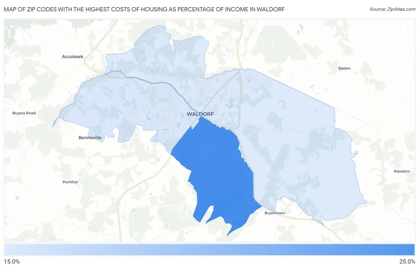 Zip Codes with the Highest Costs of Housing as Percentage of Income in Waldorf Map