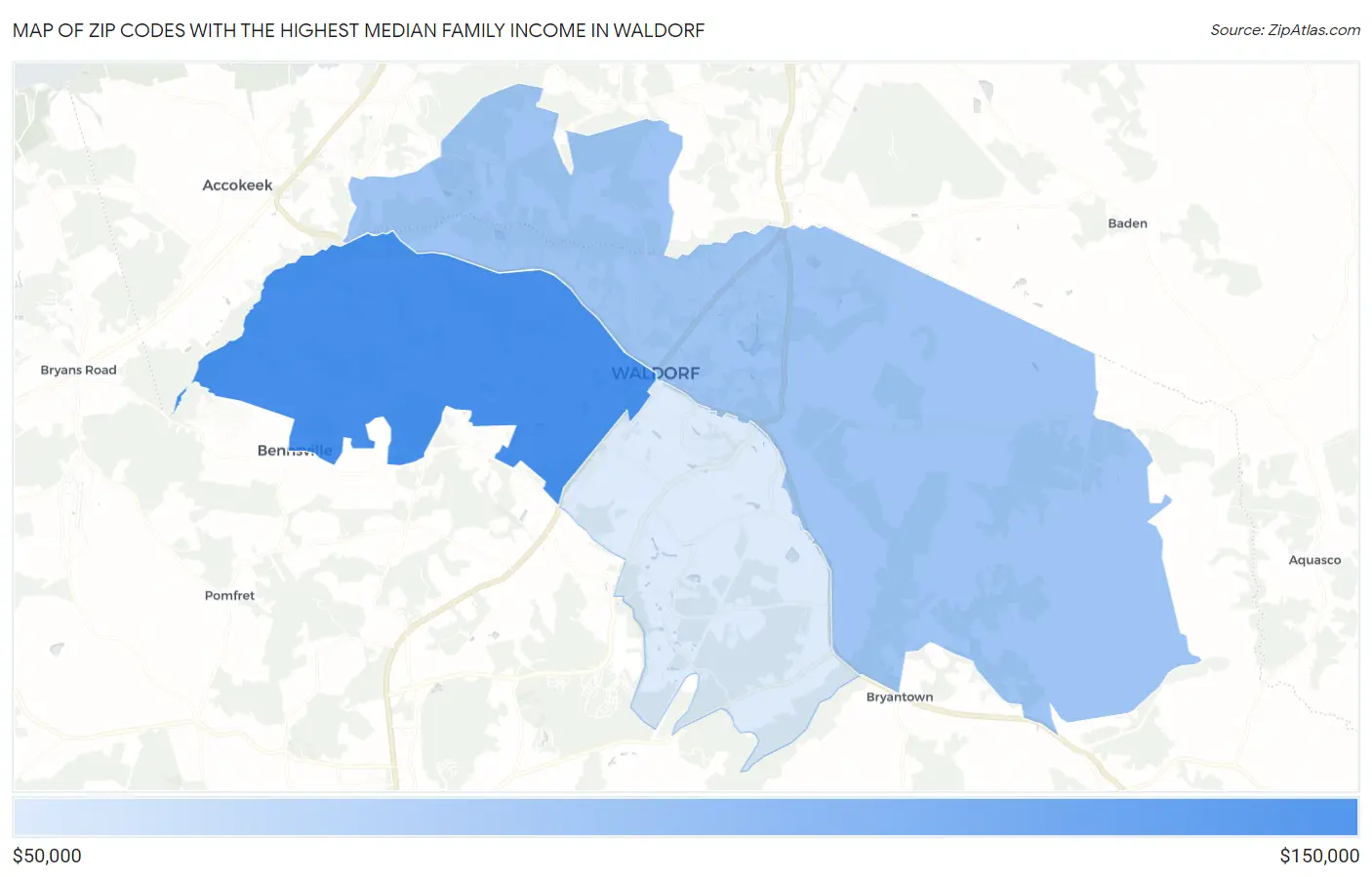 Zip Codes with the Highest Median Family Income in Waldorf Map