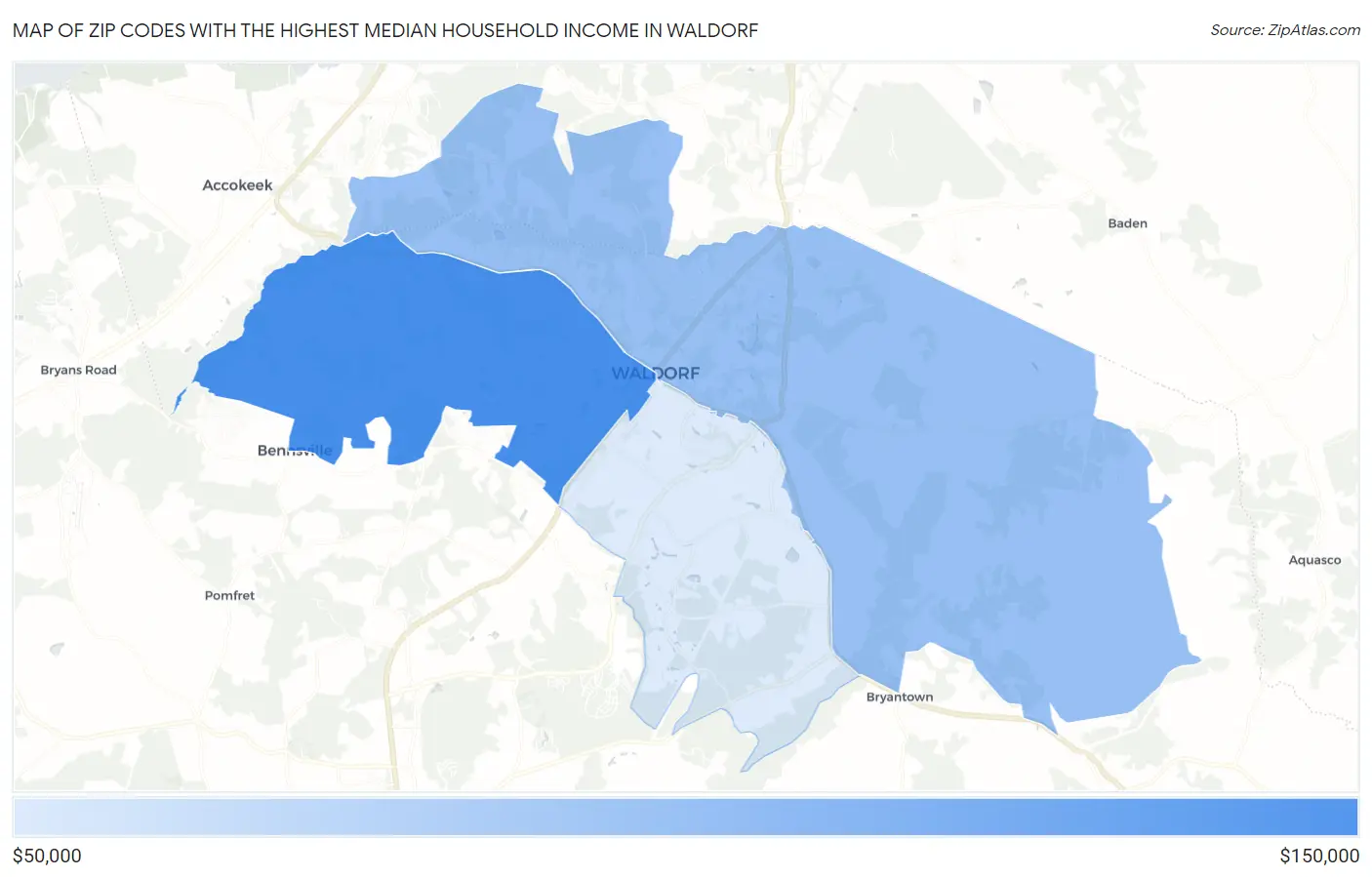 Zip Codes with the Highest Median Household Income in Waldorf Map